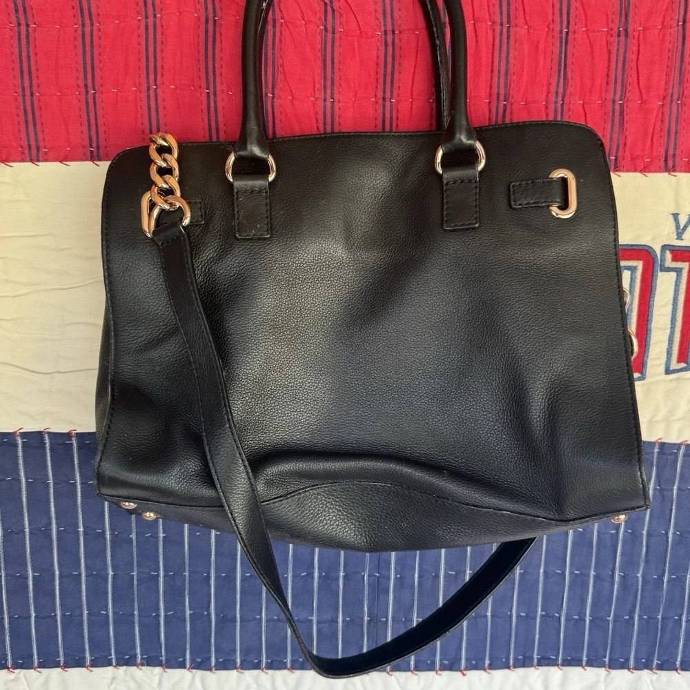 Michael Kors Hamilton Satchel Tote Bag Gold Chain Shoulder Strap Black Leather‎